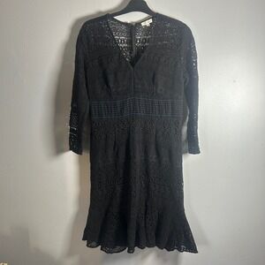 Shoshanna Black Lace V Neck Long Sleeve Fit Flare Midi‎ Dress Size 8